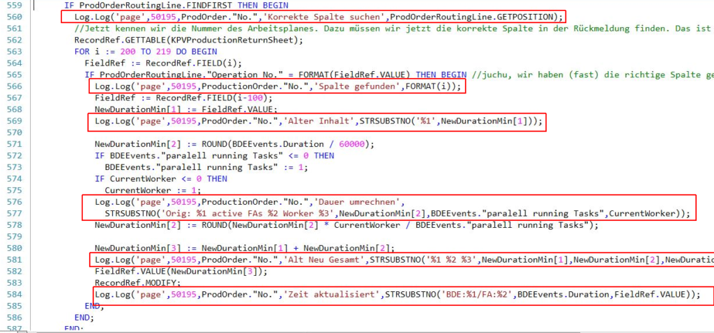 Screenshot von etwas komplizierterem Navision / Business Central Programmcode, angereichert um Debugging-Informationen zur Fehlersuche.