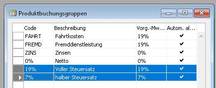 Ansicht der Produktbuchungsgruppen in Microsoft Dynamics NAVision / Attain. Auch hier ist die Änderung der Mehrwertsteuer sehr einfach.