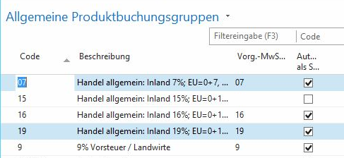 Ansicht der Allgemeinen Produktbuchungsgruppen in Navision / Business Central für eine leichte Änderung der Mehrwertsteuer 