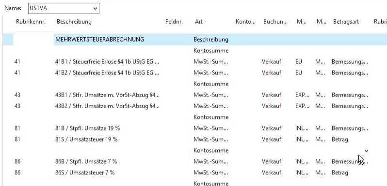 Screenshot der UVA Umsatzsteuervoranmeldung Einrichtung im Navision RTC Windows-Client