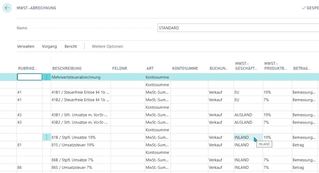 Screenshot der Umsatzsteuervoranmeldung im Business Central Webclient