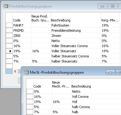 Screenshot der neuen Buchungsgruppen und Mehrwertsteuer Buchungsgruppen in Navision am Beispiel für das Corona Konjunkturpaket 2020 für die Mehrwertsteuer Umstellung