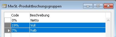 Screenshot (Mehrwertsteuer) Mwst.-Produktbuchungsgruppen  Microsoft Dynamics NAVision / Attain