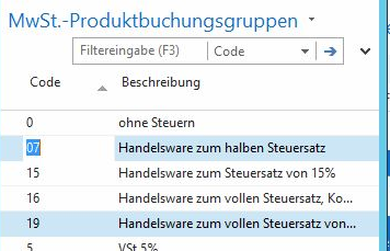 Screenshot (Mehrwertsteuer) Mwst.-Produktbuchungsgruppen  Navision RTC/Business Central