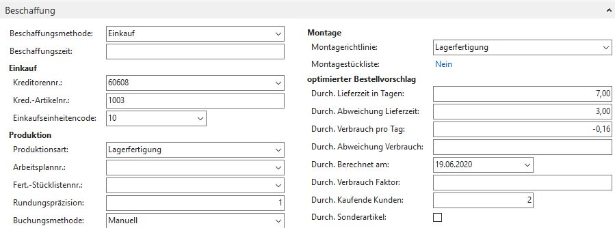 Screenshot der automatisch berechneten Artikel Bedarfstatistik für den optimierten automatischen Bestellvorschlag in Navision / Business Central 