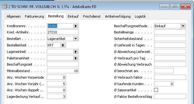 Screenshot der Artikelkarte mit zusätzlichen Feldern optimierter Bestellvorschlag im nativen Navision (Windows Client) (bis zur Version 2009R2)