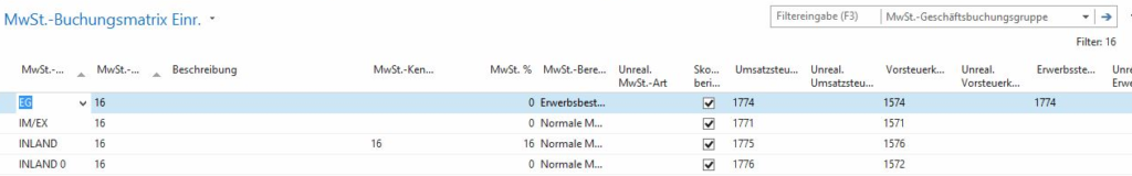 Beispiel der Mwst. Buchungsmatrix Einrichtung für 16% im SKR03 für Navision / Business central