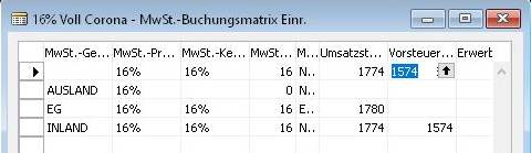 Screenshot der Mehrwertsteuer Buchungsmatrix Einrichtung für 16% im SKR03 in Navision / Attain / Dynamics NAV