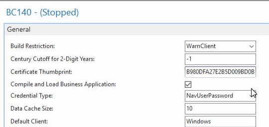 Konfiguration des Navision/Business Central Servciedienstes mit einem Certificate Thumbprint für die Credential Type NavUserPassword
