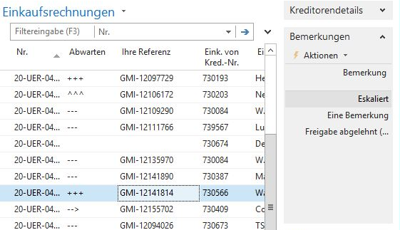 Liste der Einkaufsrechnungen im bzw. nach dem Freigabeprozess mit den Stati Delegieren, Ablehnen, Freigeben und Eskalieren