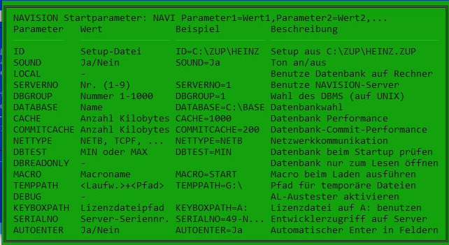 Parameter für die navin.exe
DATABASE CACHE COMMITCACHE NETTYPE DBTEST DBREADONLY MACRO TEMPPATH DEBUG KEYBOXPATH SIERIALNO AUTOENTER