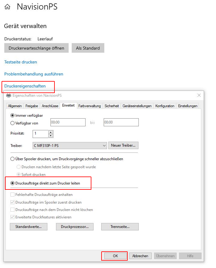 Einstellungen bei dem Navision / Business Central PDF/Postscriptdrucker um Ihn korrekt in Navision per C/side ansprechen zu können. In Navision RTC und Business Central ist dies durch die eingebauten PDF-Funktionen meist nicht mehr nötig.