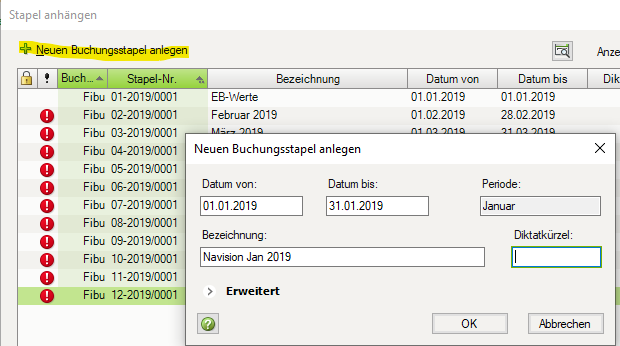 Anlegen eines neuen Buchungsstapels mit den gerade aus Navision / Business Central importierten Sachposten