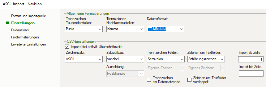 Datev-Importparameter für die Navision / Business Central Datenübergabe