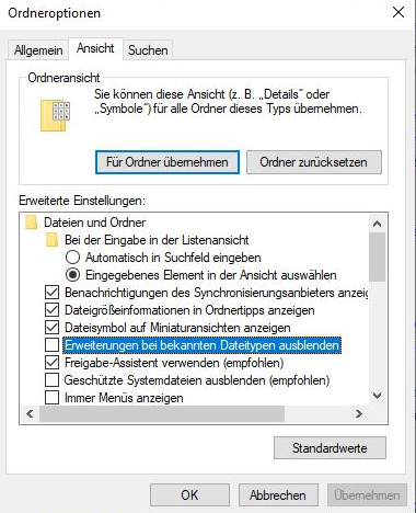 Bildschirmfoto der Option "Einstellungen bei bekannten Dateitypen ausblenden", um die neu geschriebene PersonalizationStore.xml.new einfach zu PersonalizationStore.xml umzubenennen