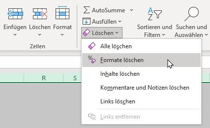 Screenshot von Excel (Formate löschen), um die Daten von Navision eleganter weiter zu verarbeiten