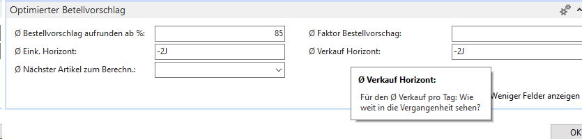 Screenshot der Einkauf Einrichtung für den optimierten Bestellvorschlag  unter Navision / Business Central 