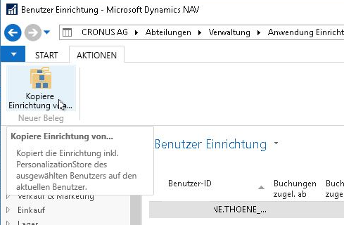 Screenshot von der neuen Option "Benutzereinrichtung kopieren" in den RTC-Versionen von Navision / Business Central 