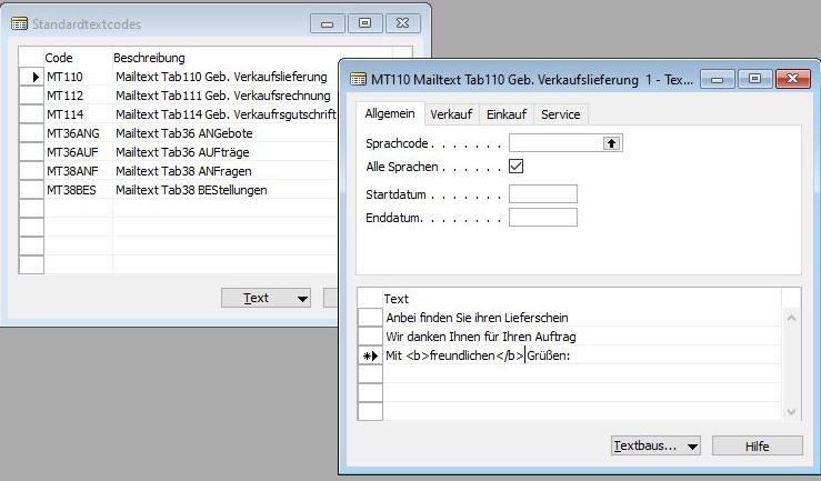 Screenshot aus Navision2009 Classic Client für Einrichtung der Textbausteine für Mailbestellungen/Mailrechnungen/Mailauftragsbestätigungen direkt aus Navision heraus