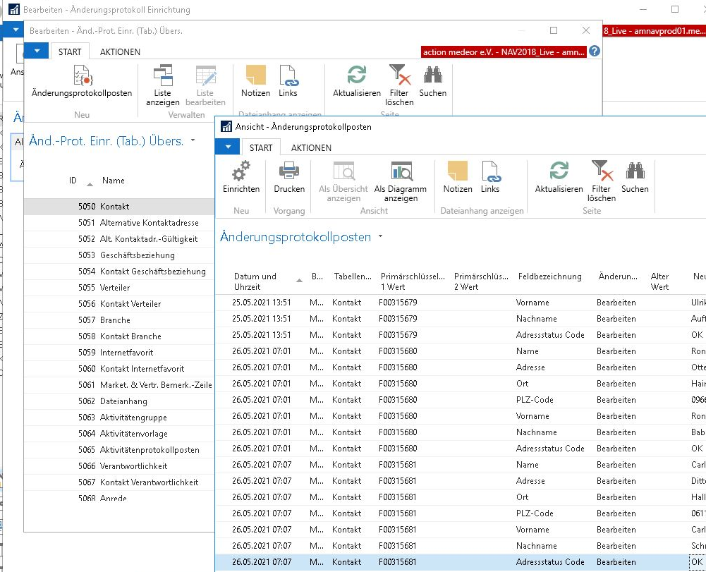 Screenshot der vorgefilterten und vorsortierten Änderungsprotokollposten in Navision/Business Central, erreichbar direkt über die Änderungsprotokoll Einrichtung.