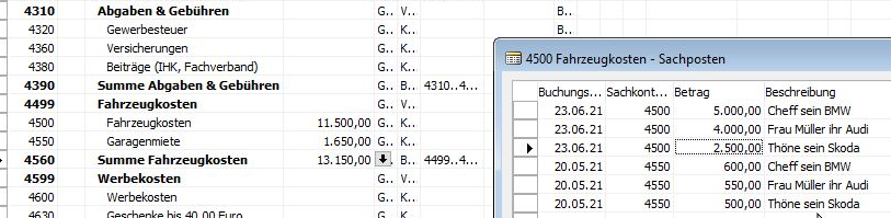 Beispiel für Aufteilung von fahrzeugkosten im Kontenplan / Kontenrahmen, Beispiel aus Navision 2009 R2.