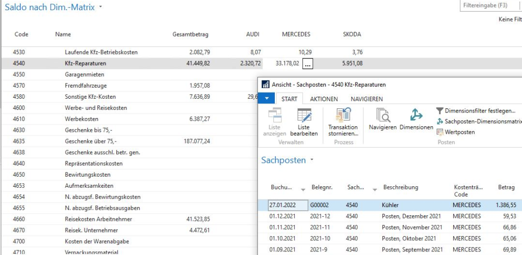 Anzeige der Sachkontensalden in der "Saldo nach Dimension" Anzeige in Navision / Business Central RTC/Windows-Client