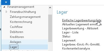 Screenshot Navision bzw. Business Central RTC Aufruf der einfachen Lagerwertermittlung / einfache Lagerbewertung