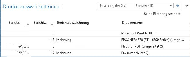 Anzeige der Druckerauswahlen