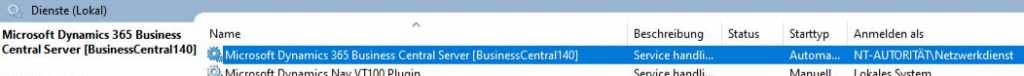 Screenshot des installierten, aber nicht lauffähigen Navision Service Tier, trotz der Fehlermeldung Service Microsoft Dynamics 365 Business Central Server (BusinessCentral 140 150 160) (MicrosoftDynamicsNavServer$BusinessCentral160) failed to start. Verify that you have sufficient privileges to start system services