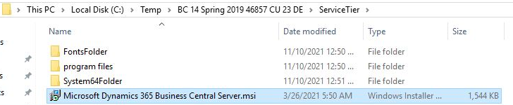 Pfad zum Setup C:\temp\BC 14 Spring 2019\ServiceTier\Microsoft Dynamics 365 Business Central Server.msi