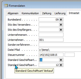 Vorbelegung der Intrast für Art des Geschäfts 11 (B2B) oder 12 (B2C)