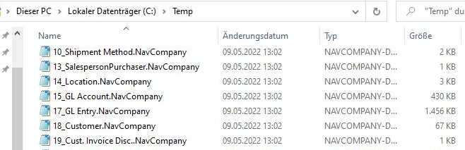 Jede einzelne benutzte Tabelle von Navision / Business Central wird in eine einzelne Datendatei ausgegeben