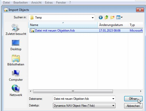 Angabe der FOB-Objektdatei zum  Import in Navision 2009R2, 2.01, 2.60, 3.01 etc.