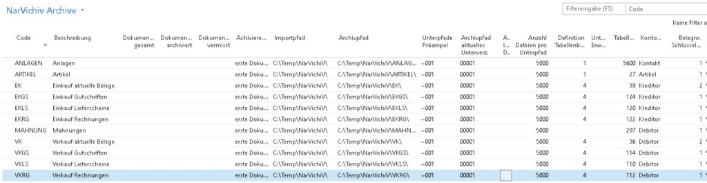 Screenshot aus Navision dynamics/ Business Central RTC mit einer Grundeinrichtung des integrierten Archivsystems NarVichiV