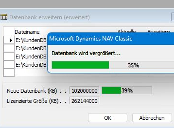 Fortschrittsbalken beim Vergrößern einer Mehrteiligen Datenbank unter Navision Dynamics Classic Client mit einer nativen Datenbank