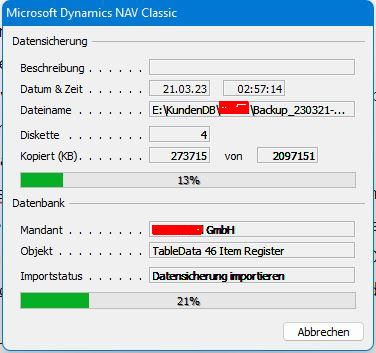 Statusanzeige von Navision Financials mit dem nativen Client (z.B. bis Version 2009R2) beim Rücklesen einer Datensicherung.