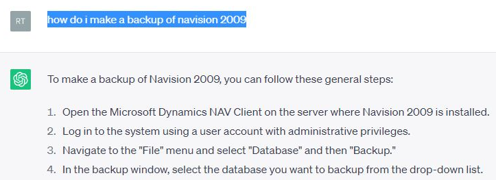 ChatGPT Anleitung für ein Backup (eine Datensicherung) unter Navision 2009 - Totalausfall