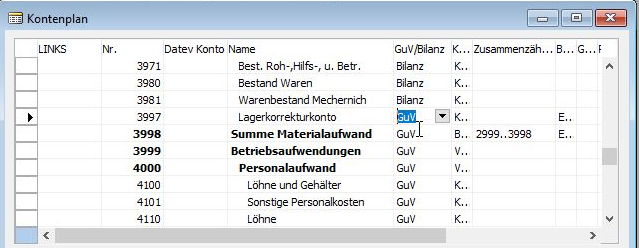 Beispiel für GuV- sowie Bilanzkonten im Navision Classic Client im SKR03