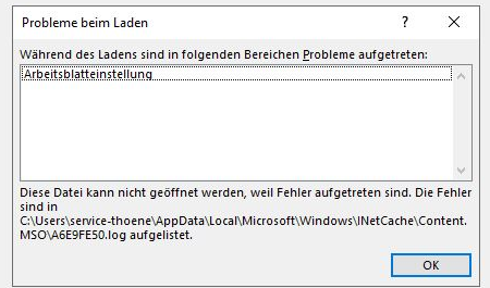 Navision Dynamics Seite Drucken und senden an Excel Fehlermeldung: Probleme beim LadenWährend des Ladens  sind in folgenden Bereichen Probleme aufgetreten:ArbeitsblatteinstellungDiese Datei kann nicht geöffnet werden, weil Fehler aufgetreten sind. Die Fehler sind in c:\Users\...\AppData\Local\Microsoft\Windows\INetCache\Content.mso\xxx.log aufgelistet.