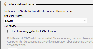 Einsatz der "Alten Netzwerkkarte" für XP unter HyperV, wenn XP ansonsten keine Internetvebrindung aufbauen kann.
Die Internetverbindung ist gefährlich, aber der einzige  komfortbale Weghh, um die Zwischenablage und Host-Laufwerke bei XP unter Hyper-V in einer VM zu benutzen.