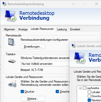 Screenshot einer RDP (MSTSC) Remote Desktop Verbindung, bei der sowohl die Zwischenablage wie auch ein Laufwerkszugriff aktiviert ist, um von einem Host einen komfortablen Dateiaustausch mit einer XP oder WIndows 2003 Sitzung in einer virtuellen MAschine (VM) unter HyperV (Hyper-V) zu erlauben.