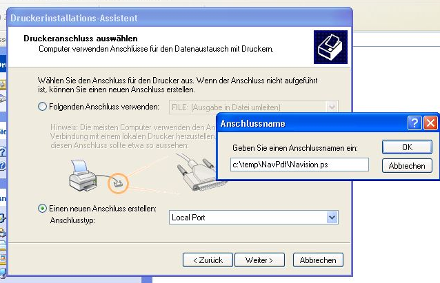 Screenshot von Windows XP, um für xRechnung einen Ghostscript PS PDF Druckertreiber unter Navision Financials 2.01, 2.60, 2005 etc einzurichten