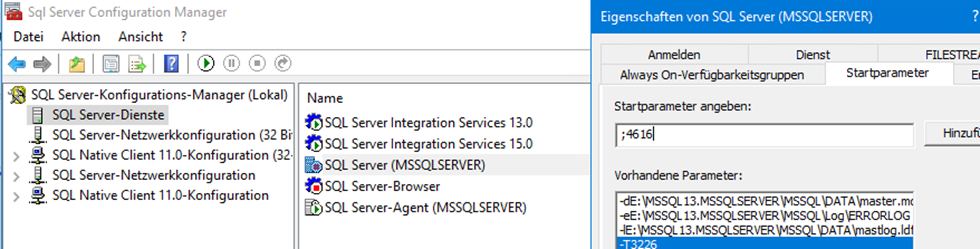 Screeenshot von der SQL Server Konfiguration, um das Traceflag 4616 für Navision Financials 2009R2 zu aktivieren.