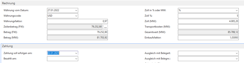 Rechnungsdaten eines Containers in der Containerverwaltung von Navision/Business Central 365