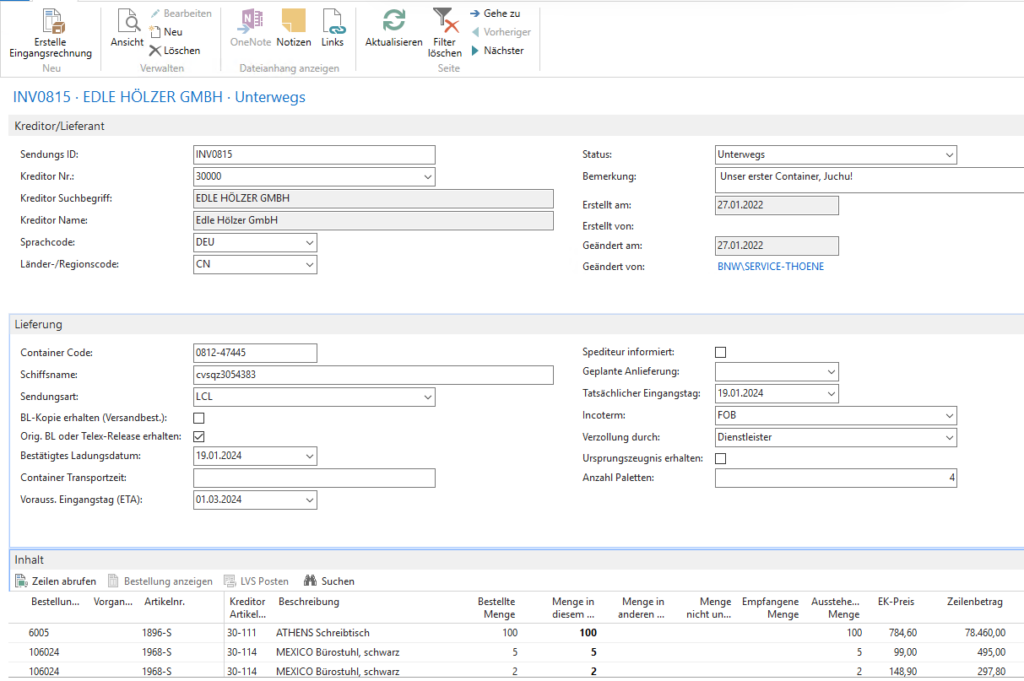 Containerverwaltung mit Navision/Business Central BC 365