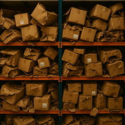 Ki-generierte Ansicht von einem Unordentlichen Regal mit beschädigten Umverpackungen durch ein nicht passendes Lagersystem