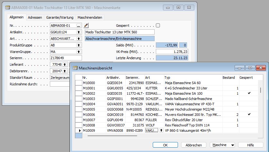 Liste & Karteikarte für Maschinen udn Geräte unter Navision Classic Client