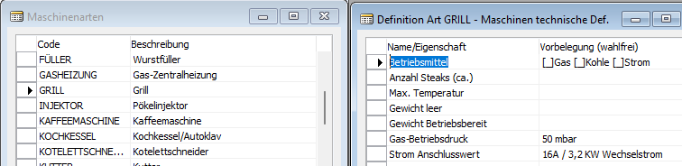 Anzeige der Maschinenarten und der damit verbundenen Geräteeigenschaften in der Navision Maschinenverwaltung
