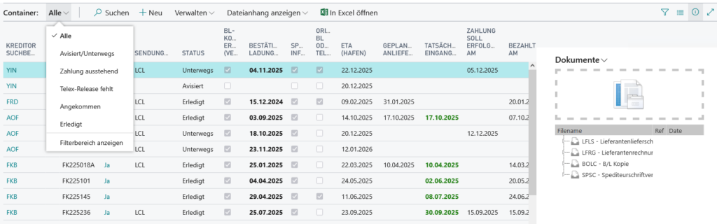 Ansicht der Containerverwaltung von BC365/Webclient inkl. Dokumentenliste