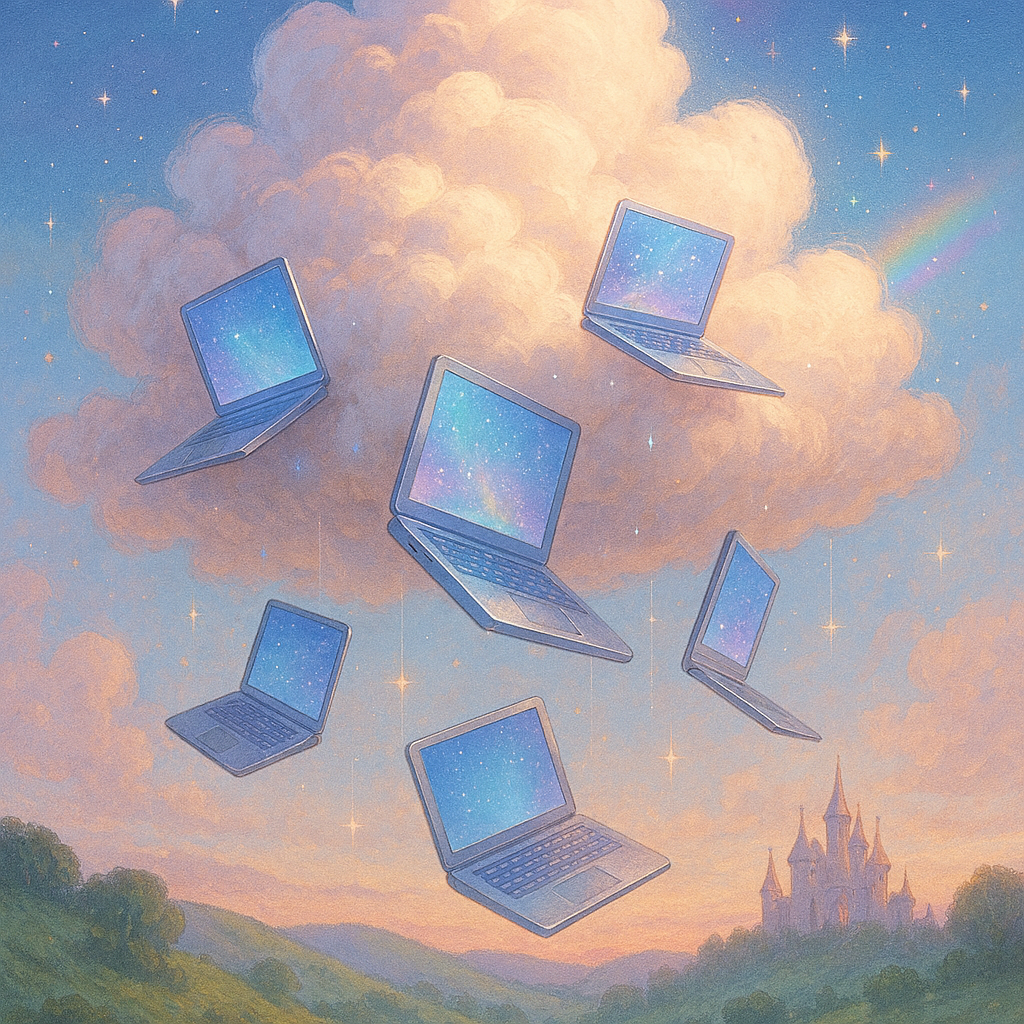 Vom Himmel abstürzende Computer als Sinnbild für die Gefahren in der Cloud